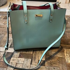 Trina Turk Blue Turquoise Tote Handles Shoulder Strap Fun Interior